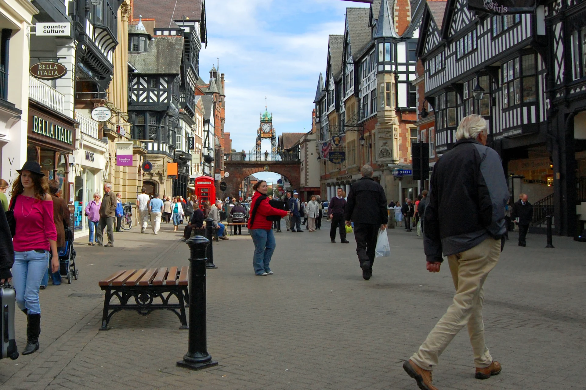 Chester High Street with people walking around