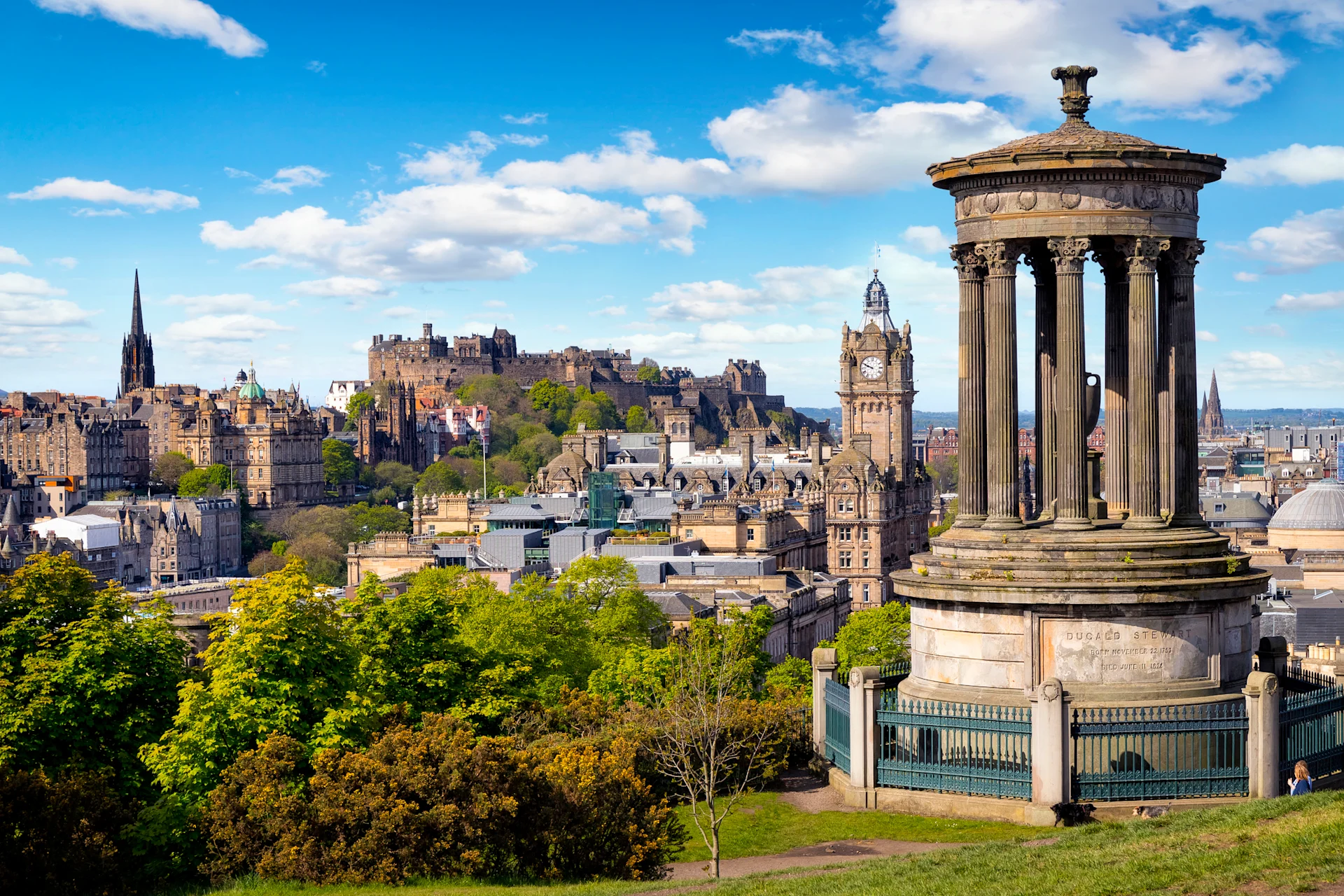 Edinburgh skyline with blue sky, pictured from Calton Hill