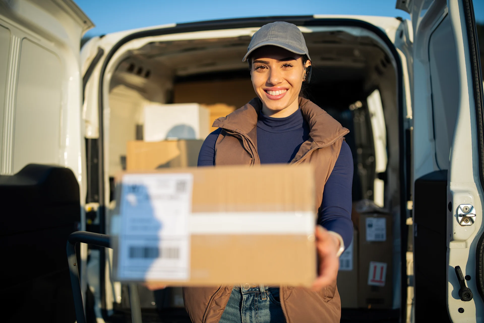 Female presenting courier holds a parcel to the camera.