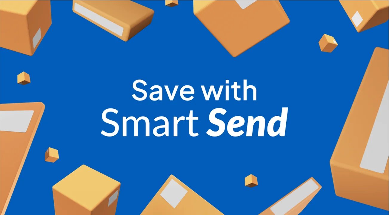 A blue background and white text that reads 'Save with Smart Send' with a border of different sized boxes