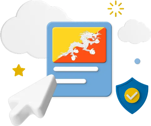 Bhutan flag on web page surrounded by clouds and a badge graphic.