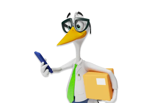 Sven the Stork holding a box under his wing and a phone in his other hand