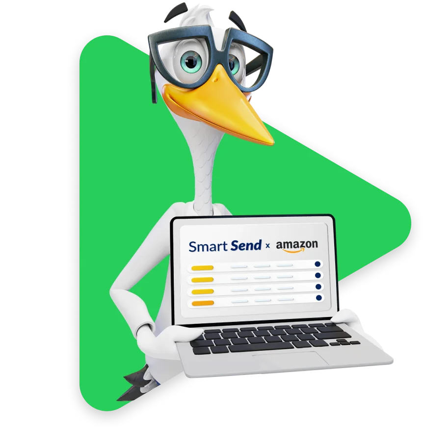 Sven the Stork holding a laptop displaying the Smart Send dashboard and Amazon logo