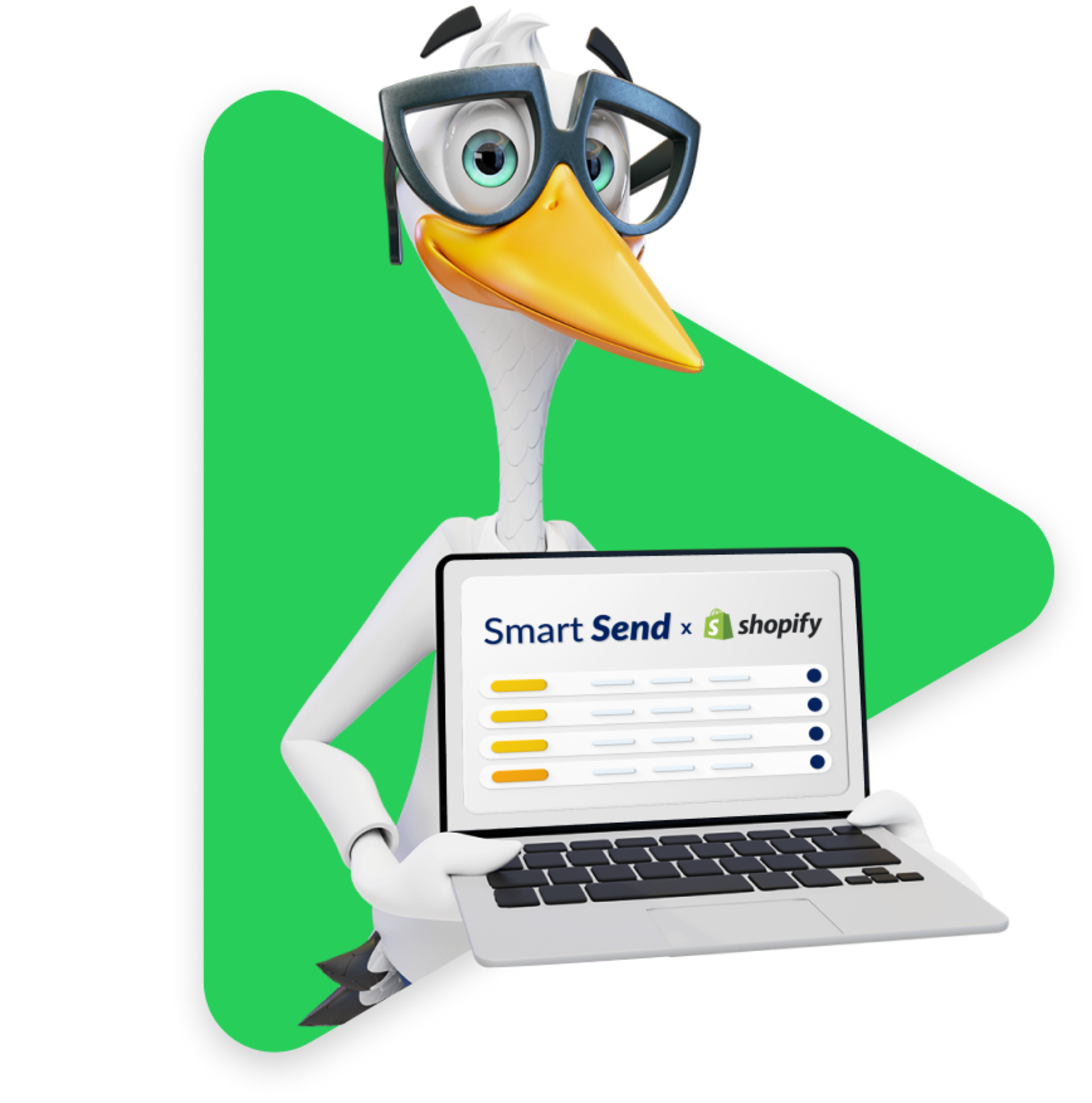 Sven the Stork holding a laptop displaying the Smart Send dashboard and Shopify logo