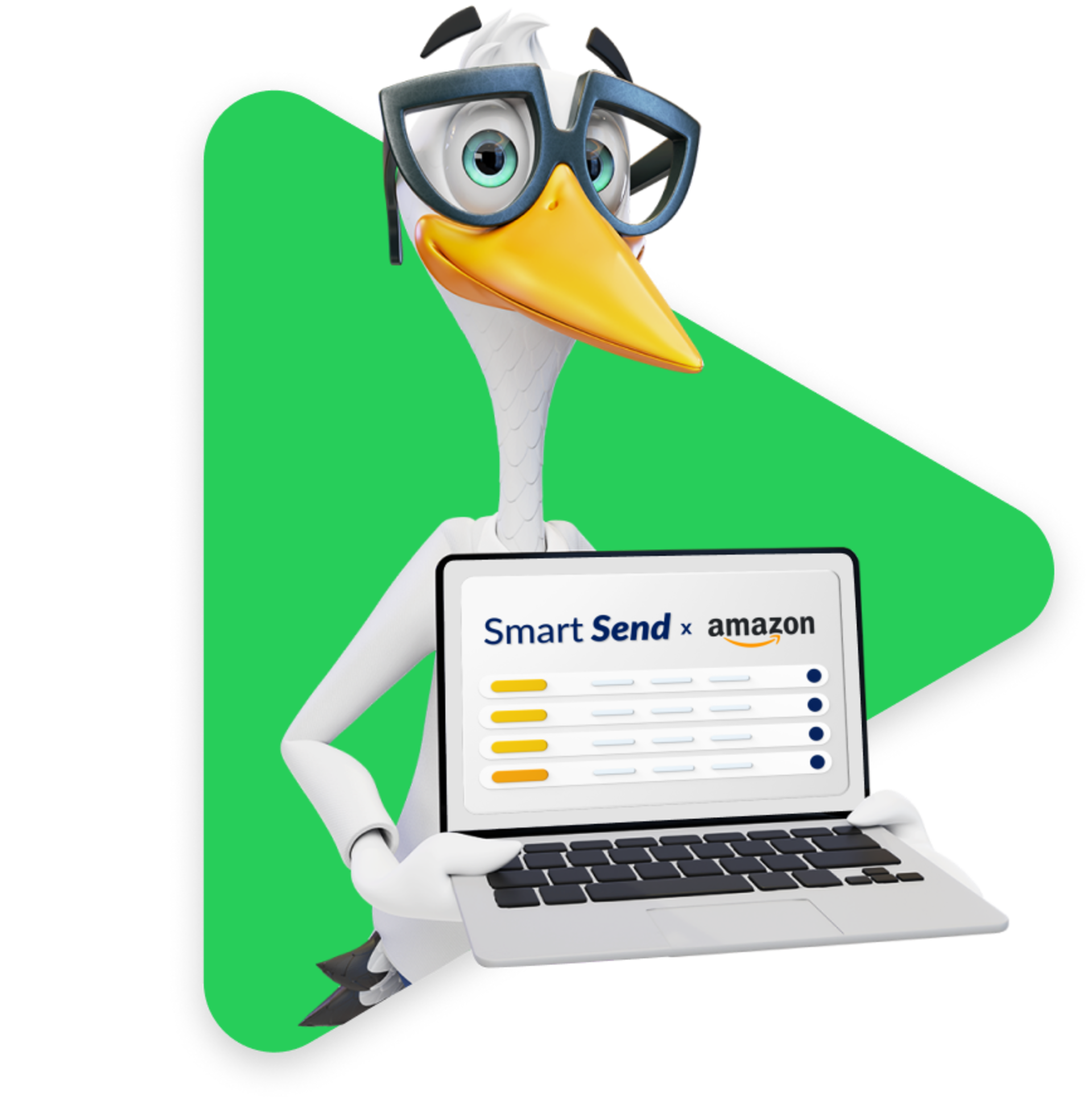 Sven the Stork holding a laptop displaying the Smart Send dashboard and Amazon logo