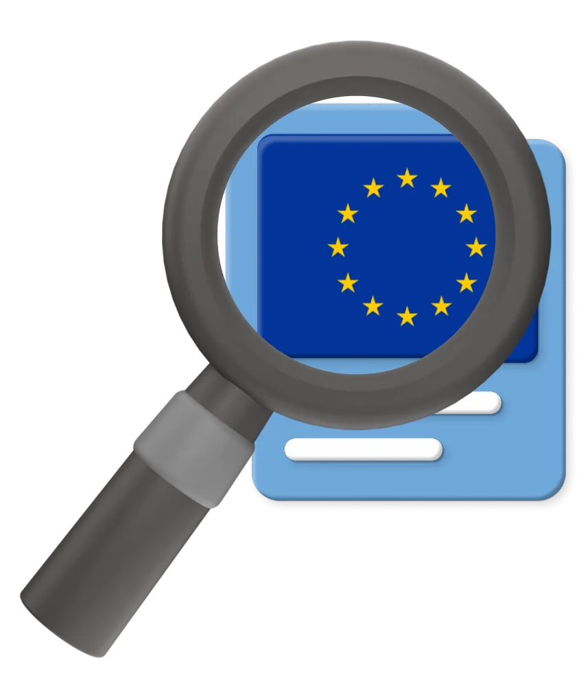 Graphic of magnifying glass zooming on EU flag