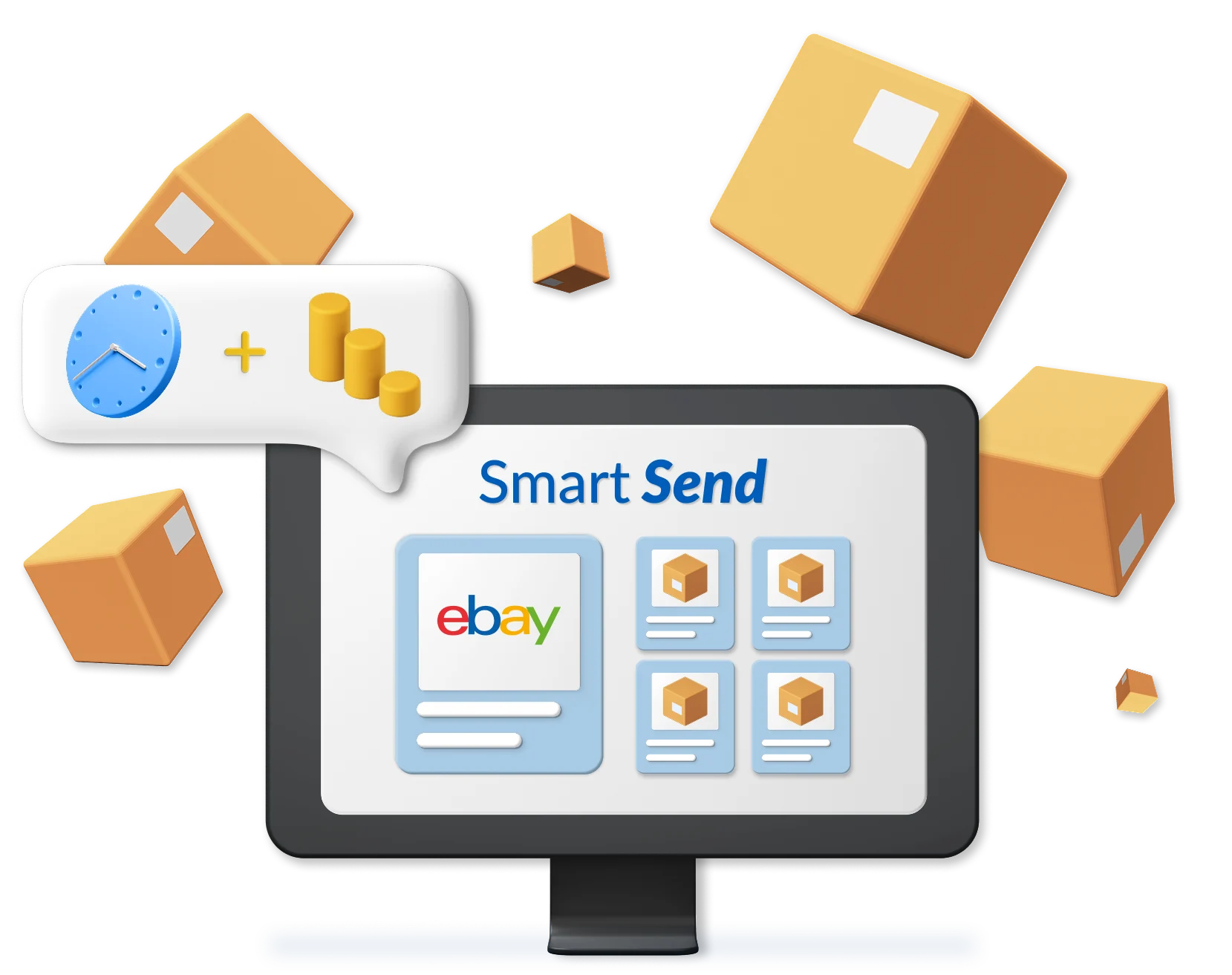 Animated computer screen displaying eBay and Smart Send, with boxes in background