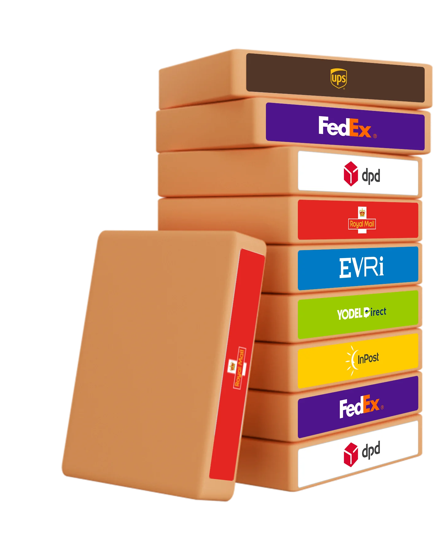 Stacked animated boxes with different courier logos on