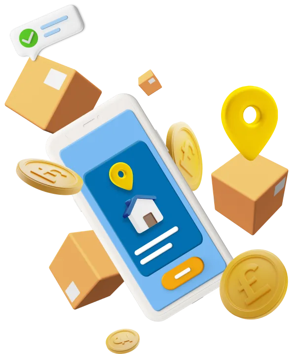 Animated phone with boxes and coins in background and picture of house on screen