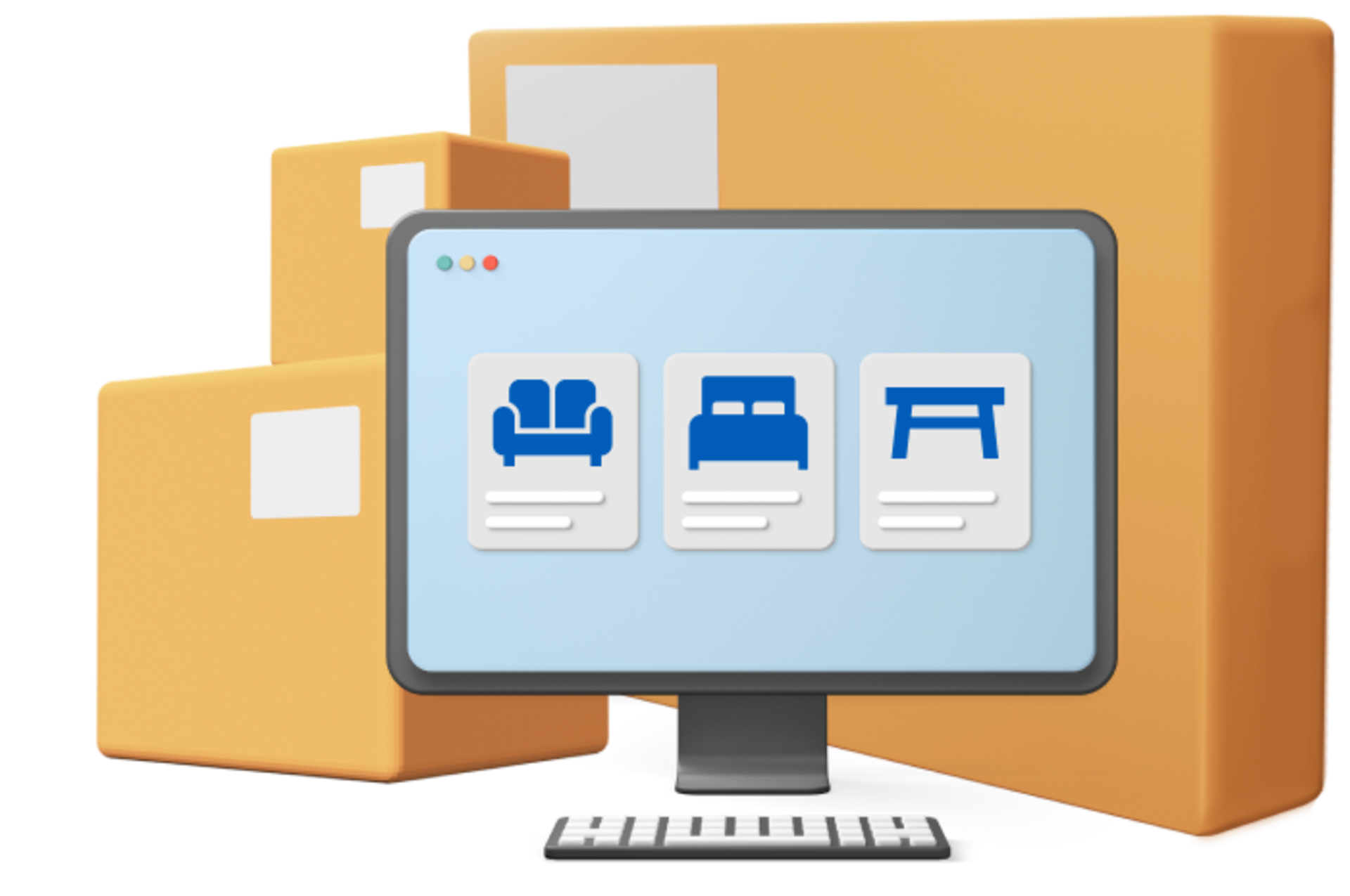 Animated monitor with pictures of furniture on in front of boxes