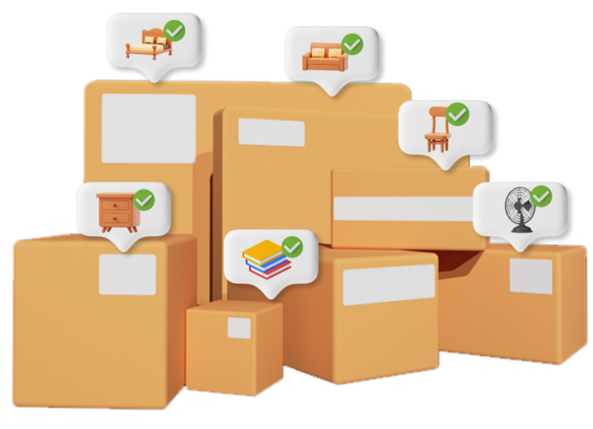 Animated boxes of multiple sizes containing furniture and household items