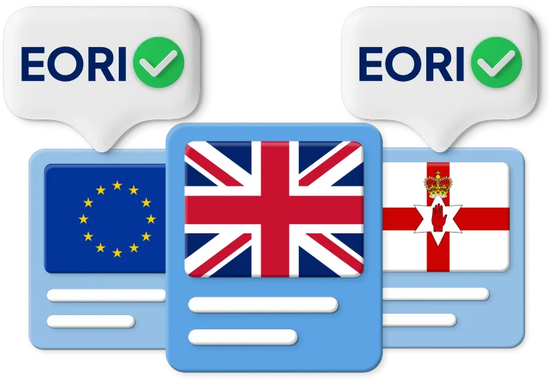 Illustration of EORI (Economic Operators Registration and Identification) compliance, featuring flags of the European Union, United Kingdom, and Northern Ireland, with green checkmarks indicating valid EORI registration.