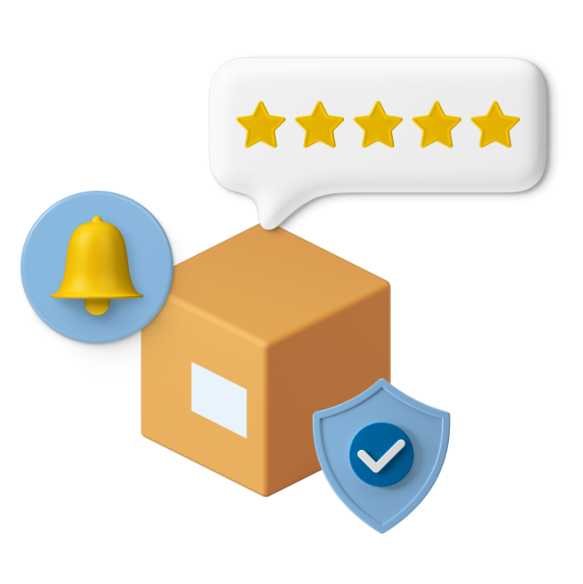 graphic of parcel with stars and shield icons