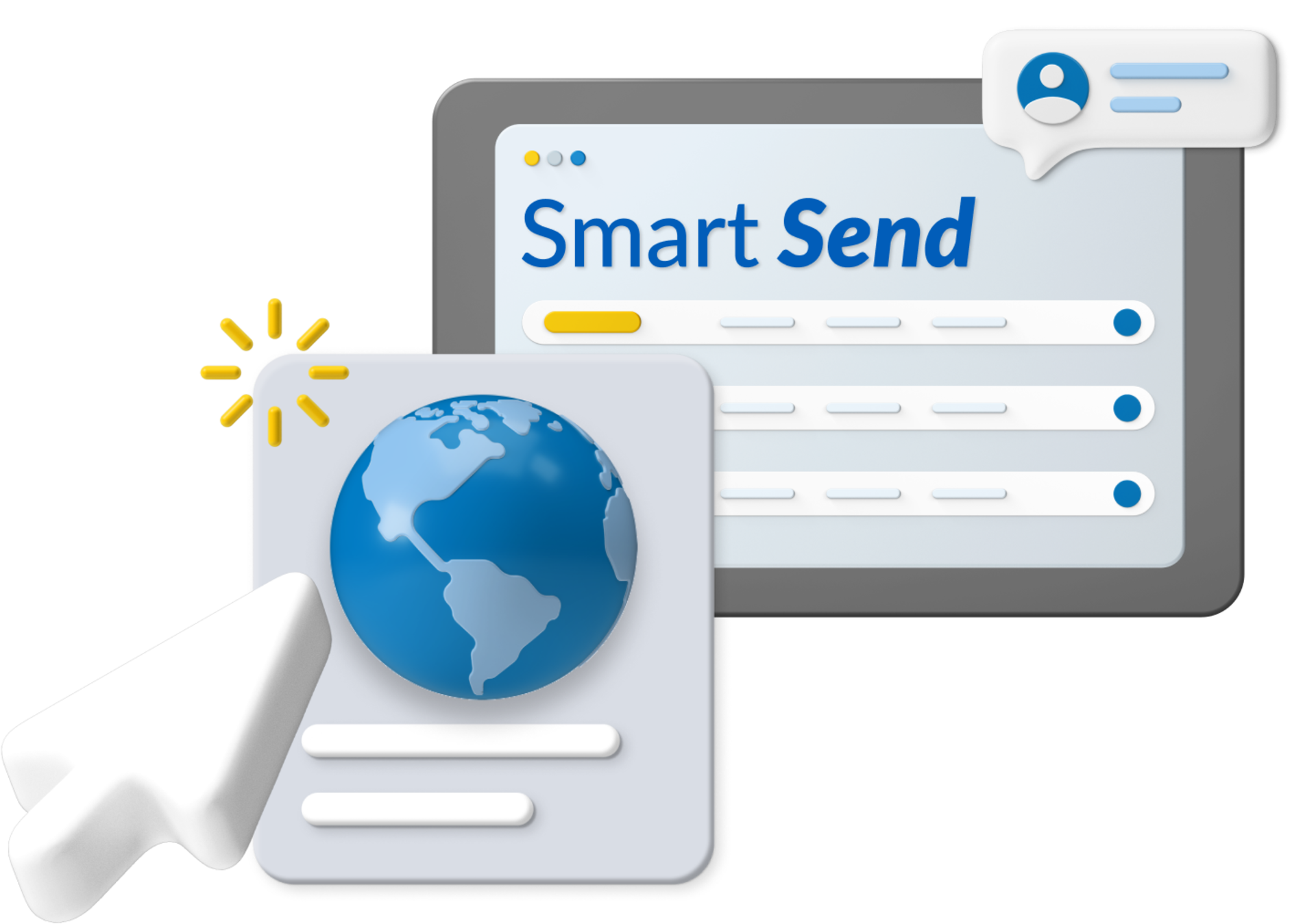 Animated monitor displaying 'Smart Send' with a cursor and globe icon