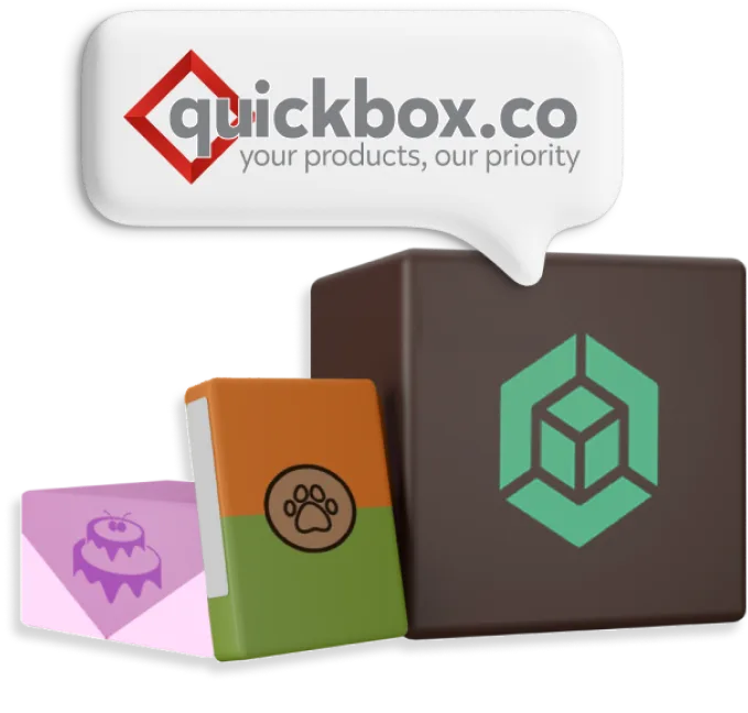 Different coloured boxes with animated logos on and a speech bubble above reading 'Quickbox.co - your products, our priority'