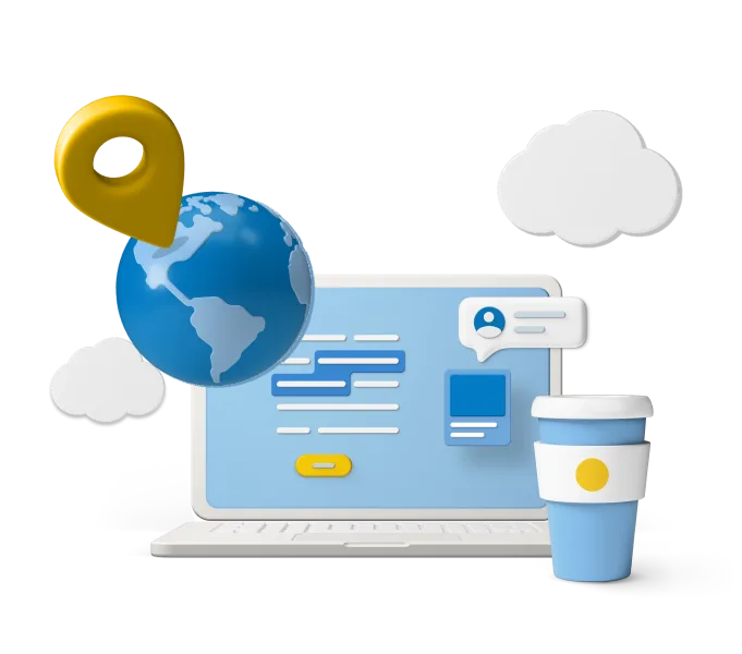 Animated laptop screen with globe and locations icon 