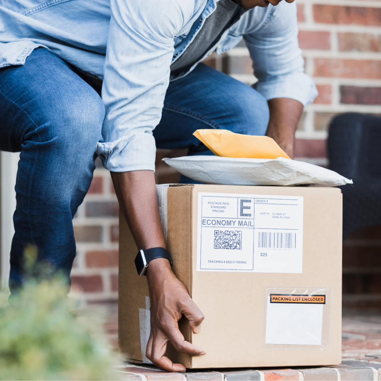 Man picking up stack of box and small packages from doorstep