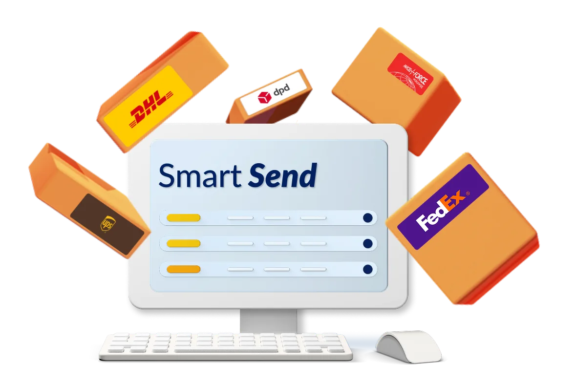 Smart Send tool on a computer surrounded by floating parcels labelled with various courier logos.