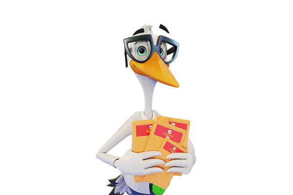 Sven the Stork holding 4 letter-sizes parcels with the Royal Mail logo on