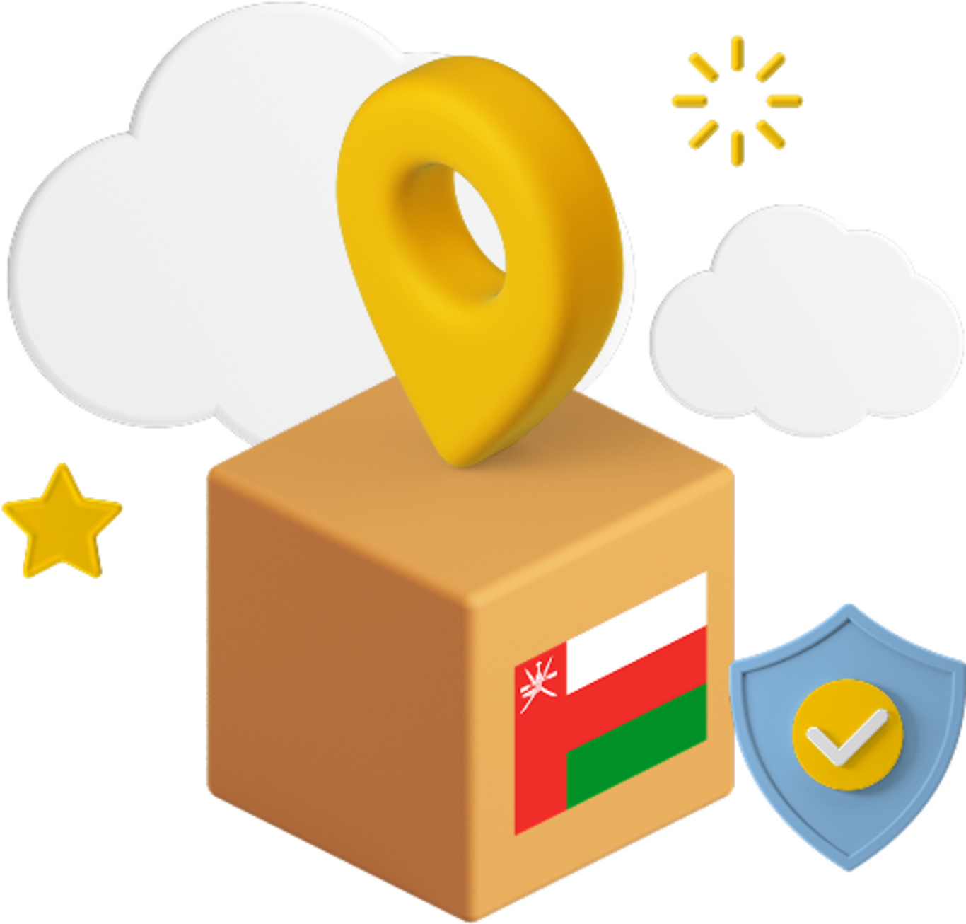 Oman flag on parcel box with location pin and certification badge