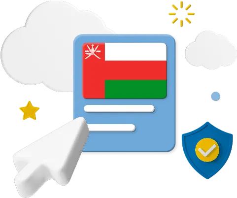 Mouse clicking on Oman flag surrounded by clouds and a certification badge.