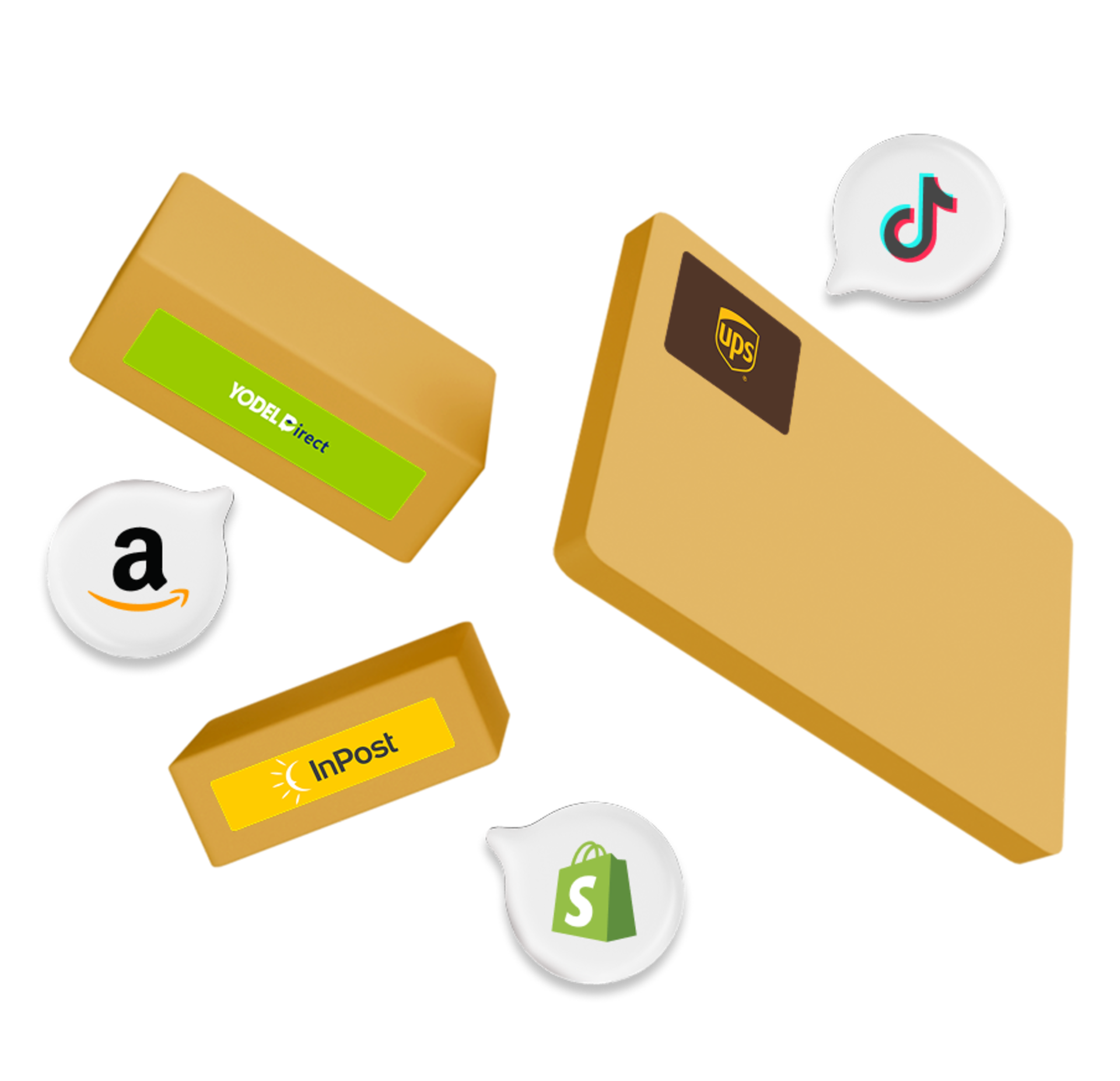 InPost, Yodel, and UPS labels on boxes with TikTok, Amazon, and Shopify logos  speech bubbles