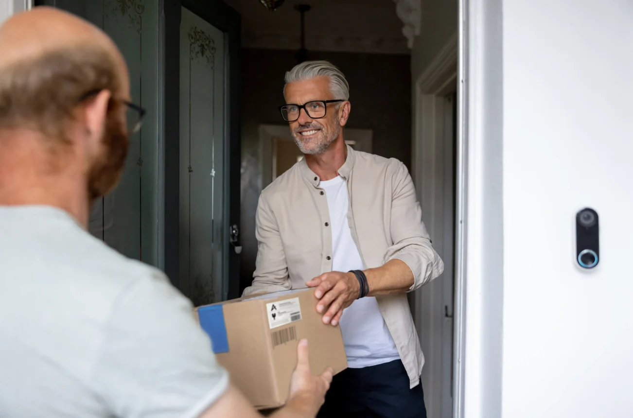 person receiving parcel at front door