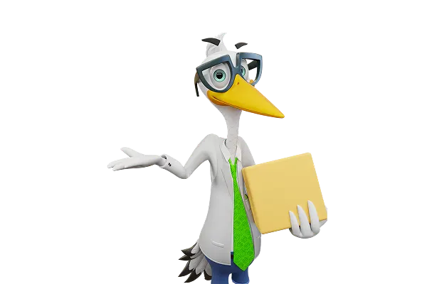 Sven the Stork shrugging and holding a box
