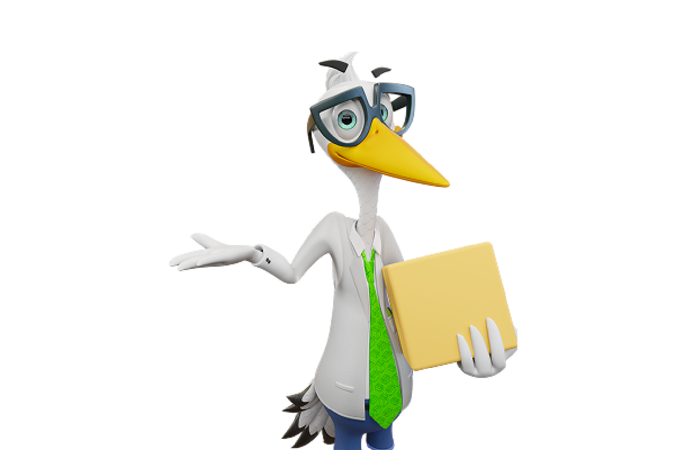Sven the Stork shrugging and holding a box