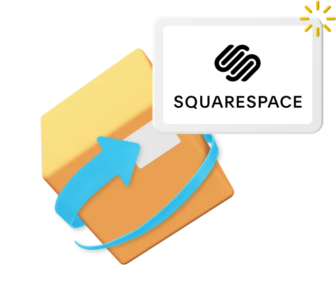 Animates box with Squarespace logo and blue arrow